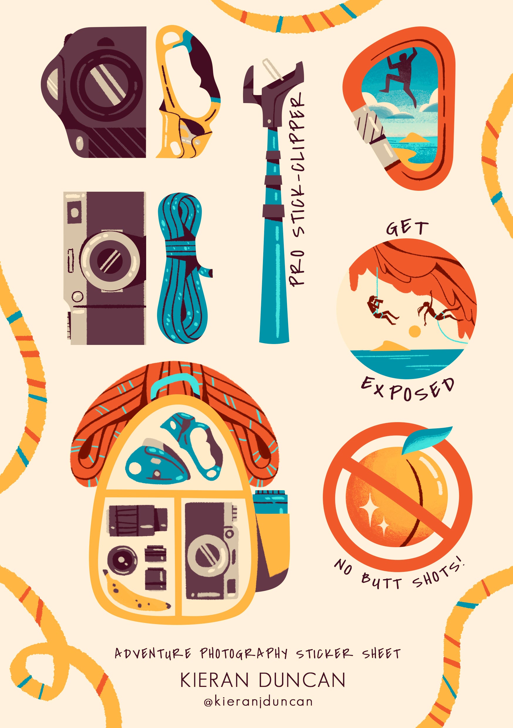 Illustrated sticker sheet with camera, tripod, and adventure-themed designs on a beige background.