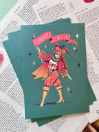 Chappell Roan print -- stack of three greeting cards with a colorful illustration of a character holding a banner on a textured surface.