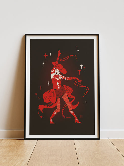 Framed artwork of a stylized dancer, Lady Gaga, in red on a dark background.
