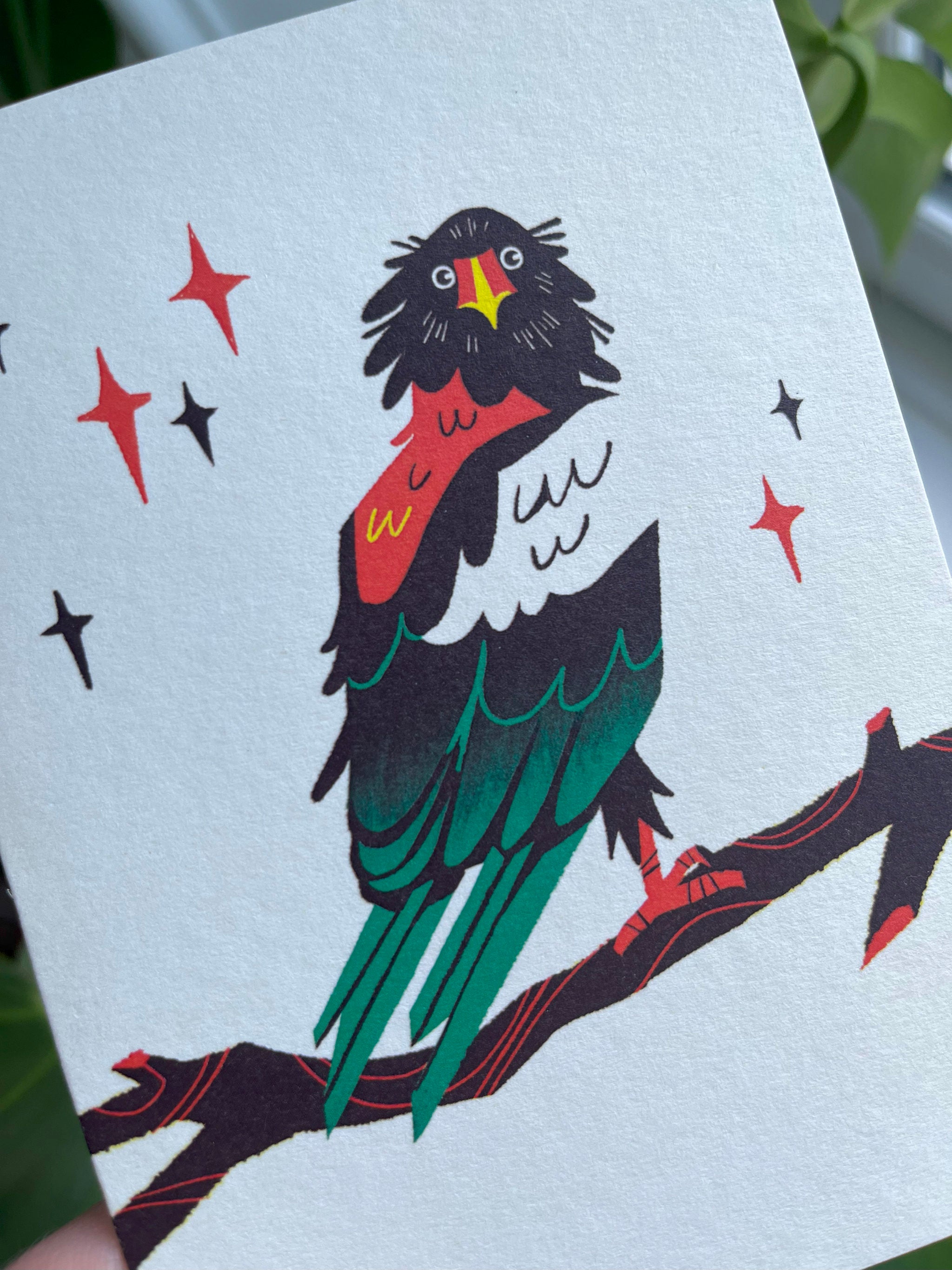 Bateleur Eagle greetings card -- close-up of an Illustration of an eagle on a branch with stars on a white background.
