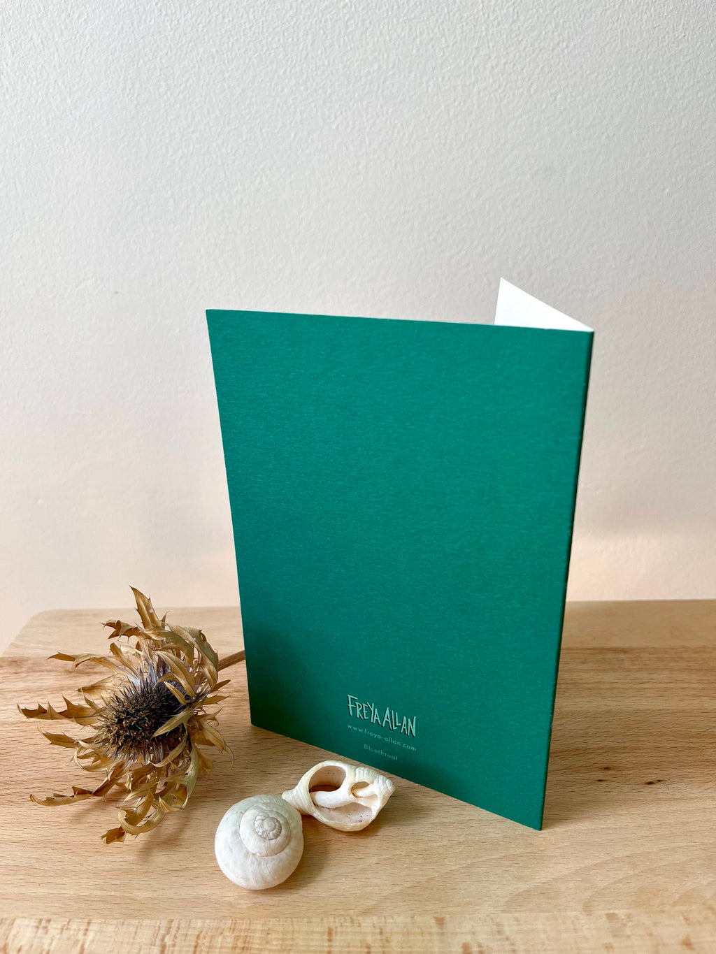 Bluethroat greetings card -- teal greeting card on a wooden surface with a shell and dried plant.