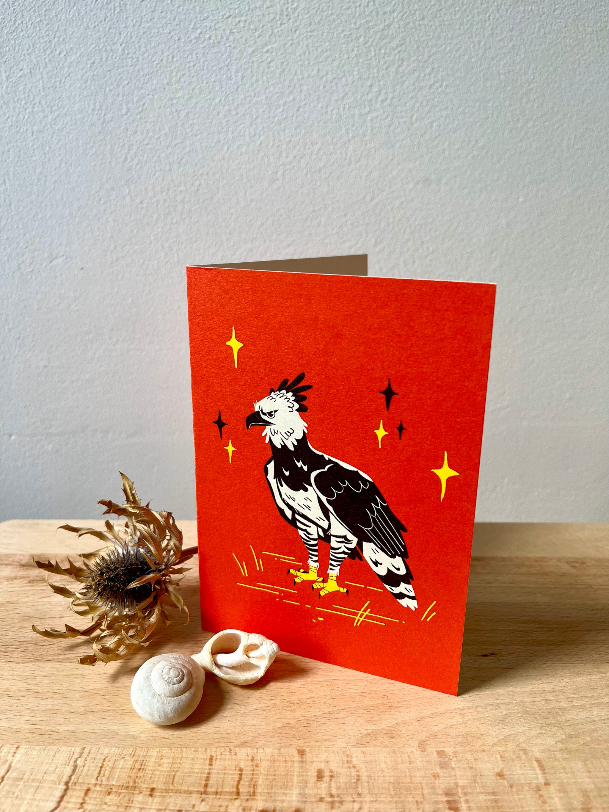 Harpy Eagle greetings card -- red greeting card with an eagle illustration on a wooden surface.