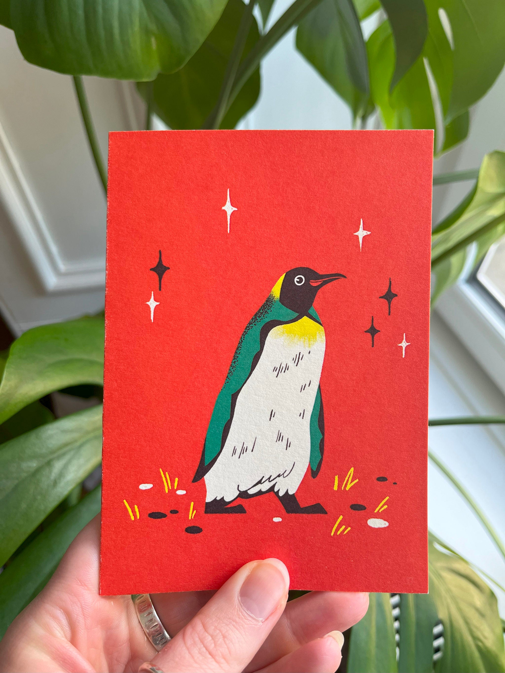 King Penguin greetings card -- red card with a penguin illustration held in front of green plants.