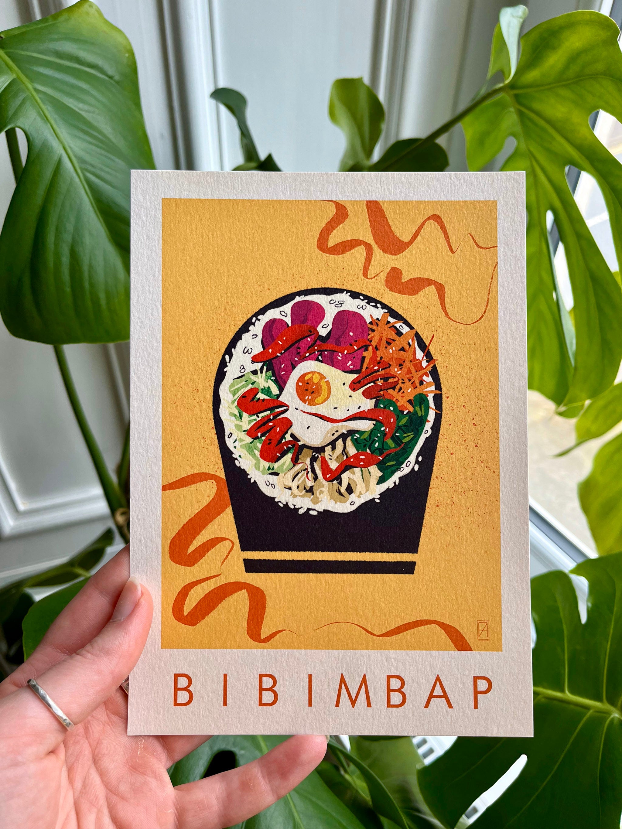 Bibimbap print -- hand-held A5 print of bibimbap.