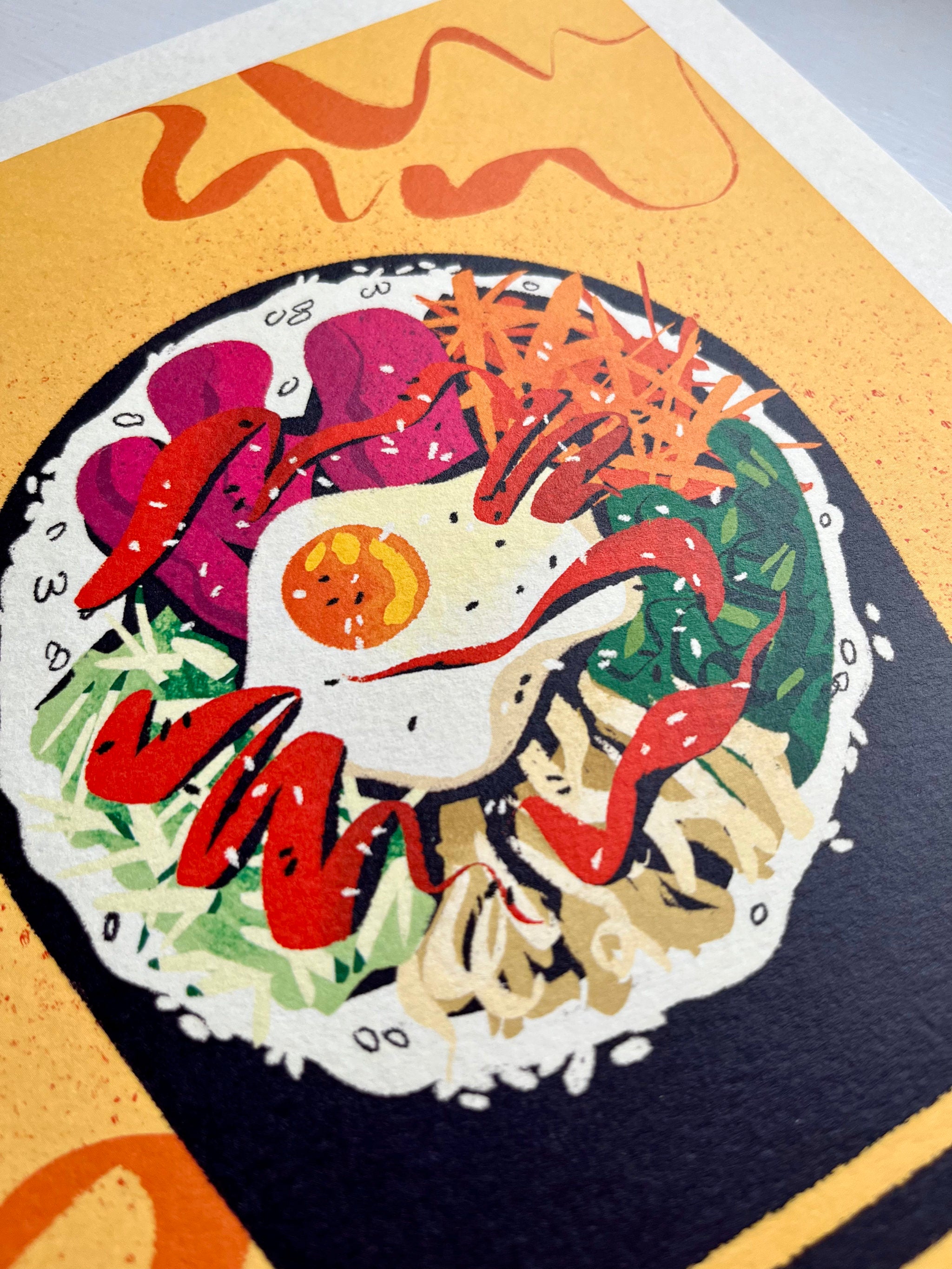 Bibimbap print -- close-up of a print of bibimbap.