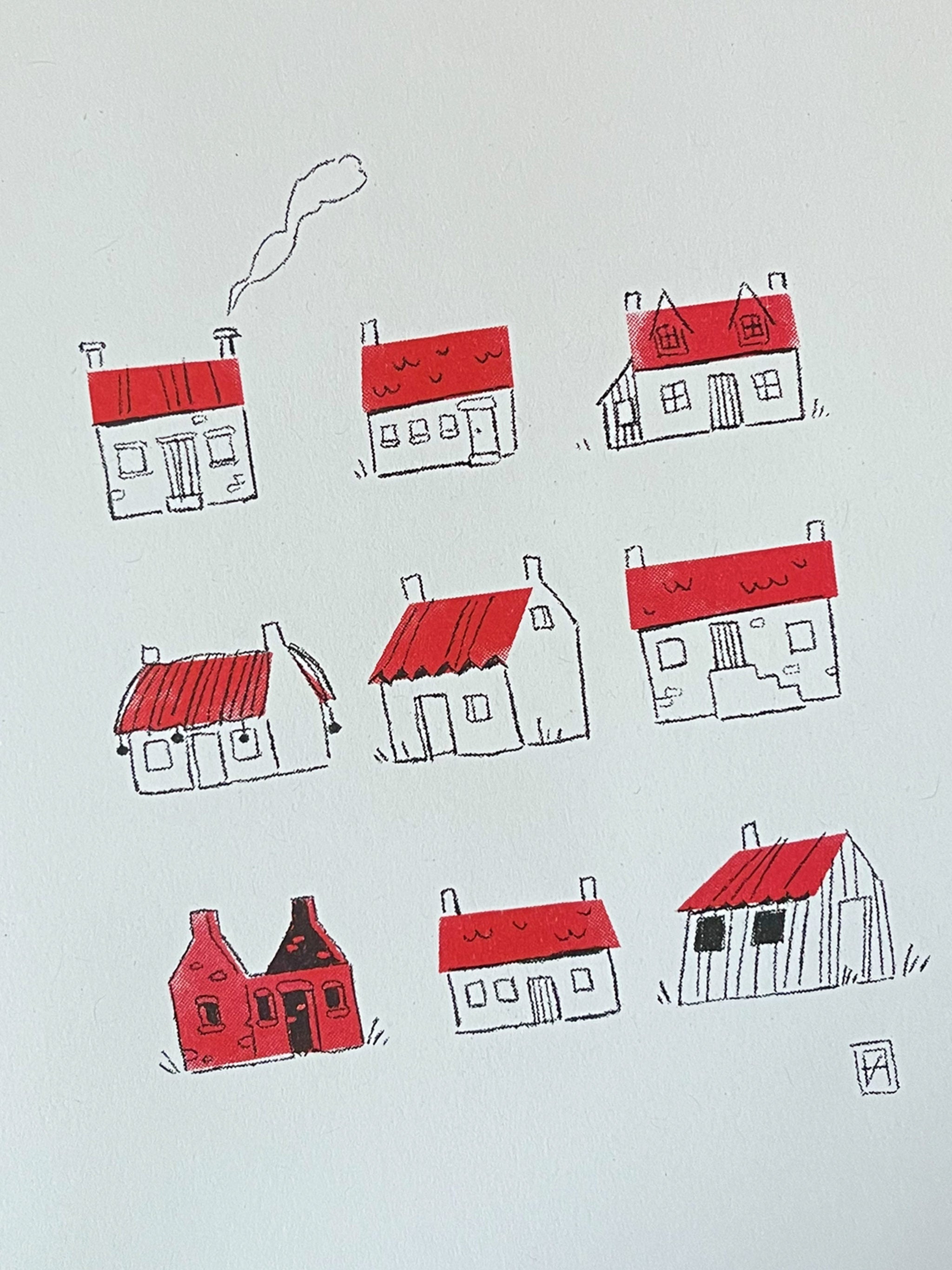 Couthie Bothies greetings card -- illustrations of small houses with red roofs on a white background.