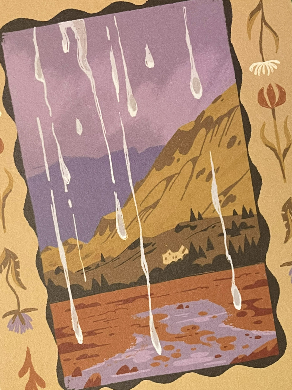 Rainy Bus Journey print -- close-up of  a mountain landscape with purple sky and white liquid-like elements, framed by floral designs.