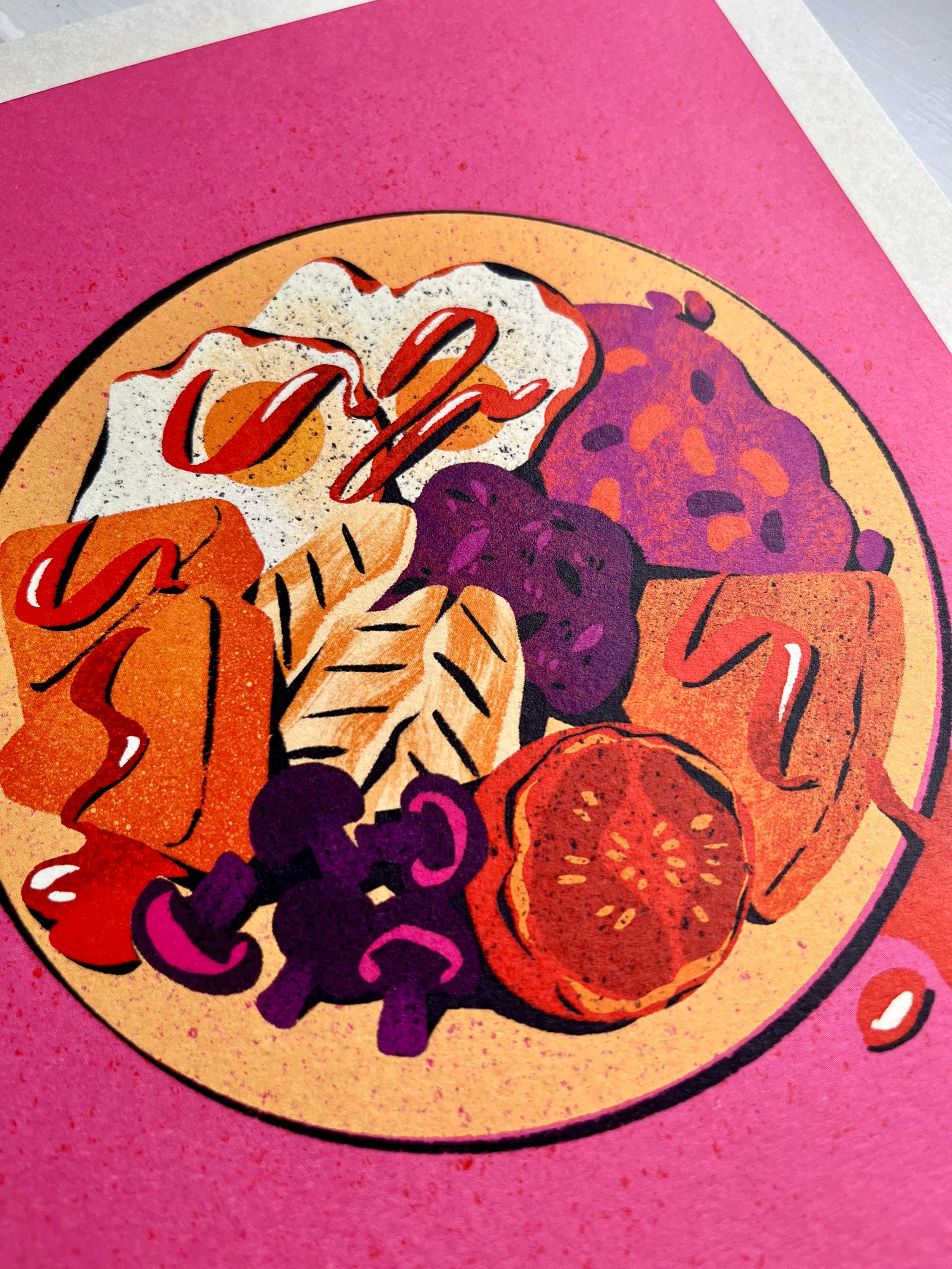 Fully Cooked print -- close-up of a colorful illustration of a pizza with various toppings on a pink background.