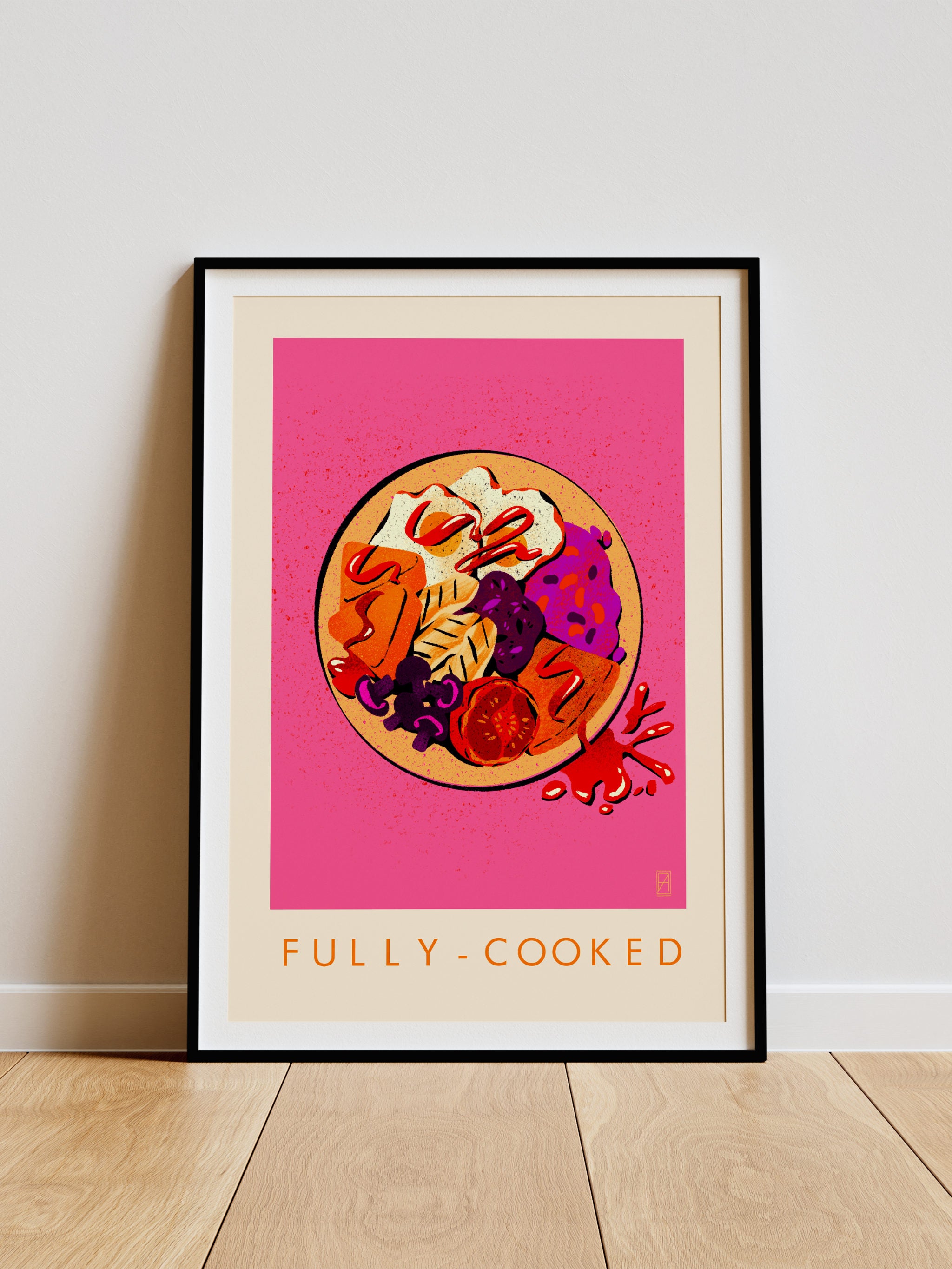Fully Cooked print -- framed artwork with a colorful depiction of pasta on a pink background, titled 'FULLY-COOKED'.