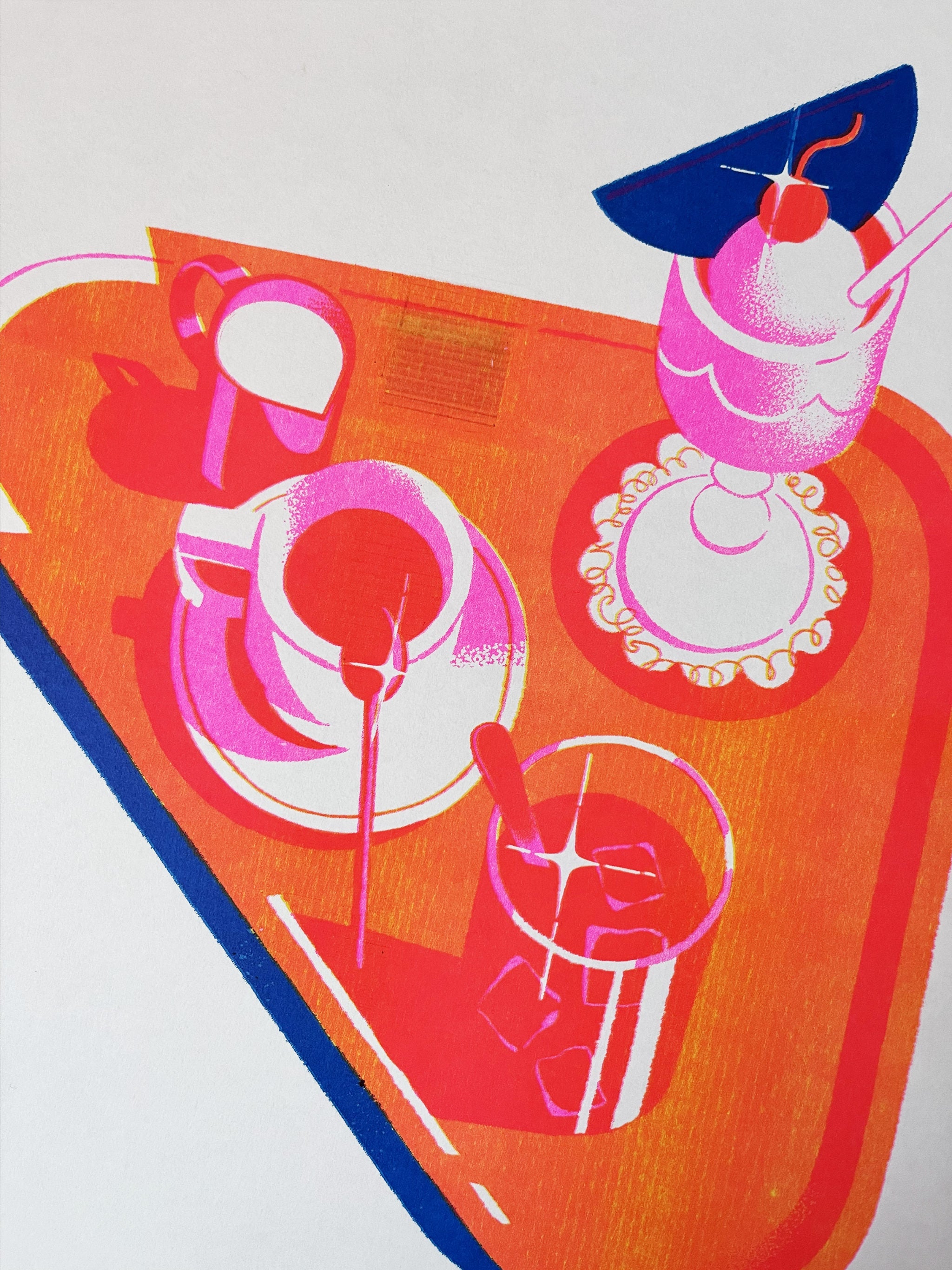 Ice Cream & Coffee Tray print -- colorful illustration of an ice cream and glass on an orange background.