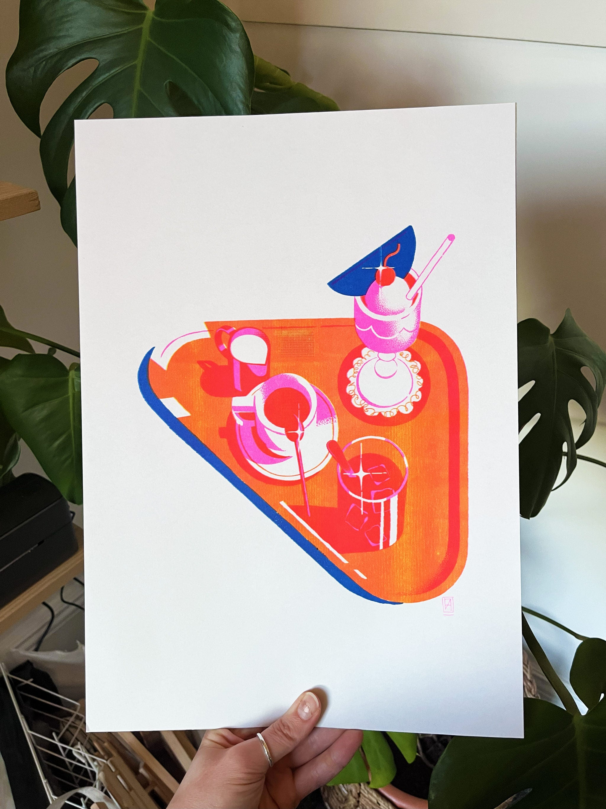 Ice Cream & Coffee Tray print -- colorful illustration of a tray with items on a white sheet held by a hand, with green leaves in the background.