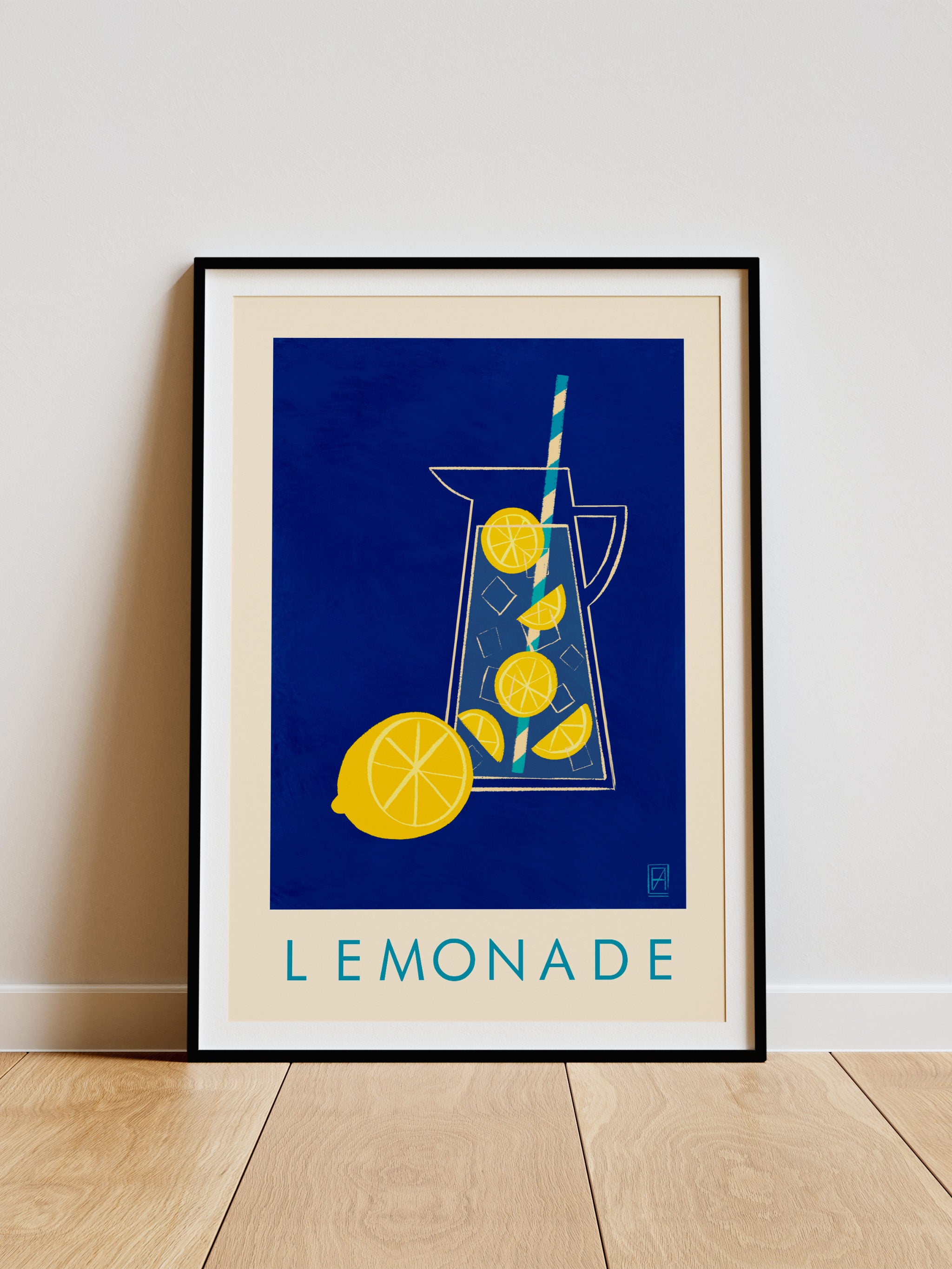 Lemonade print -- framed artwork of a lemonade pitcher with lemons and a straw on a blue background.