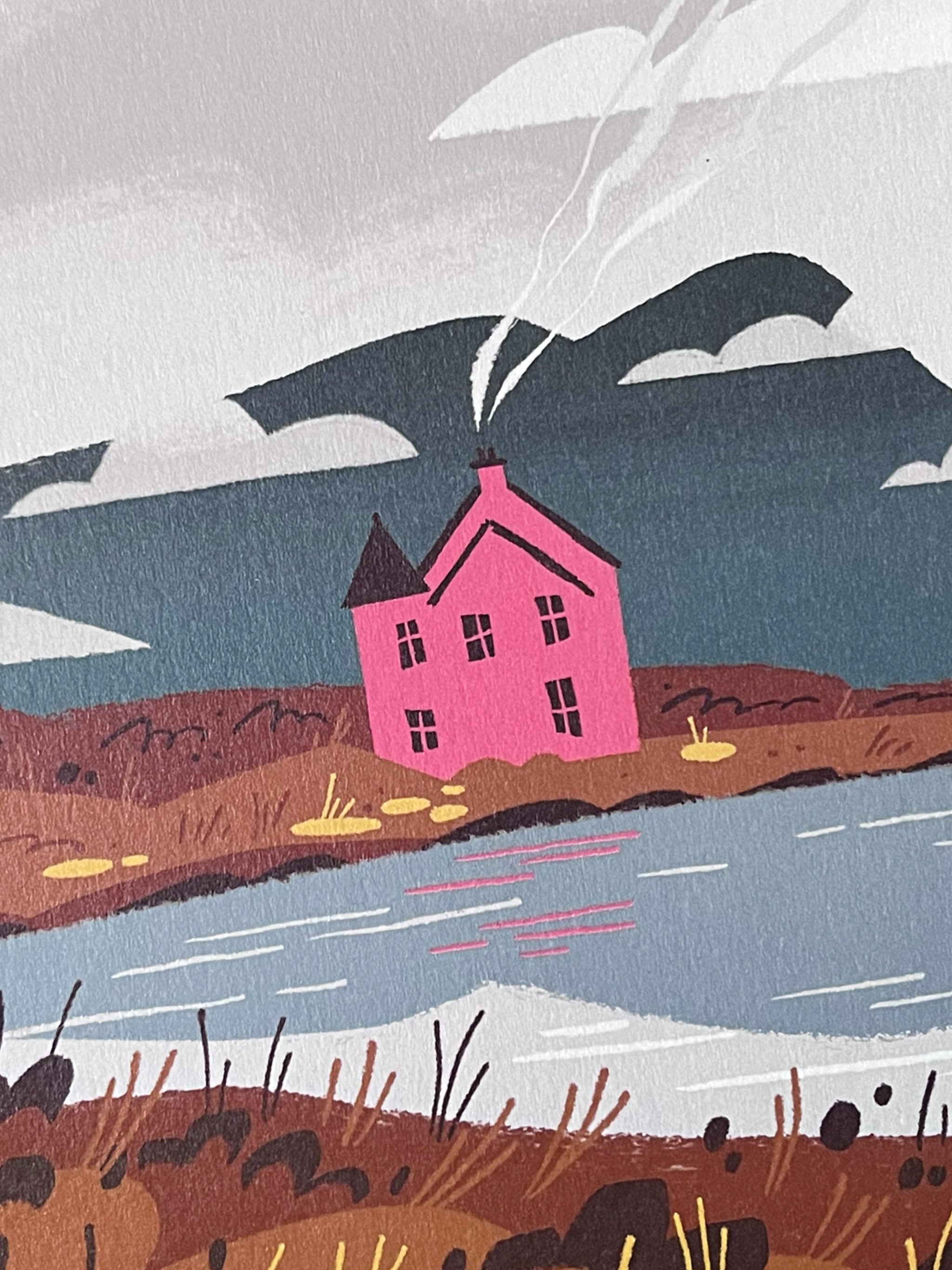 Pink House greetings card -- close-up of a pink house by a lake with mountains in the background.