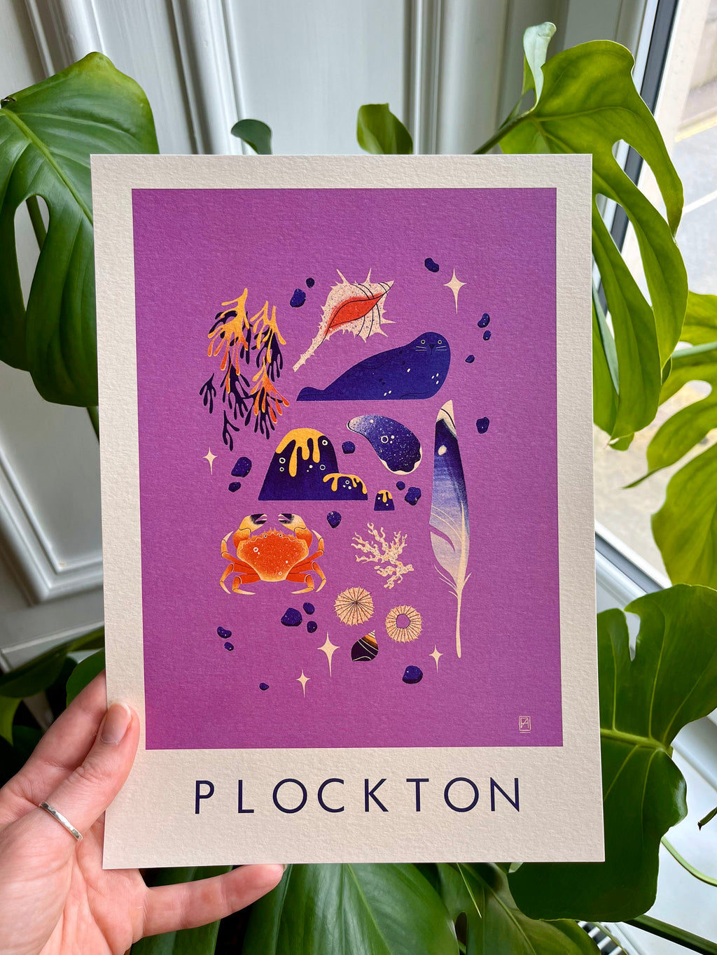 Plockton print -- A4 card with illustrations and 'Plockton' text held by a hand with plants in the background.