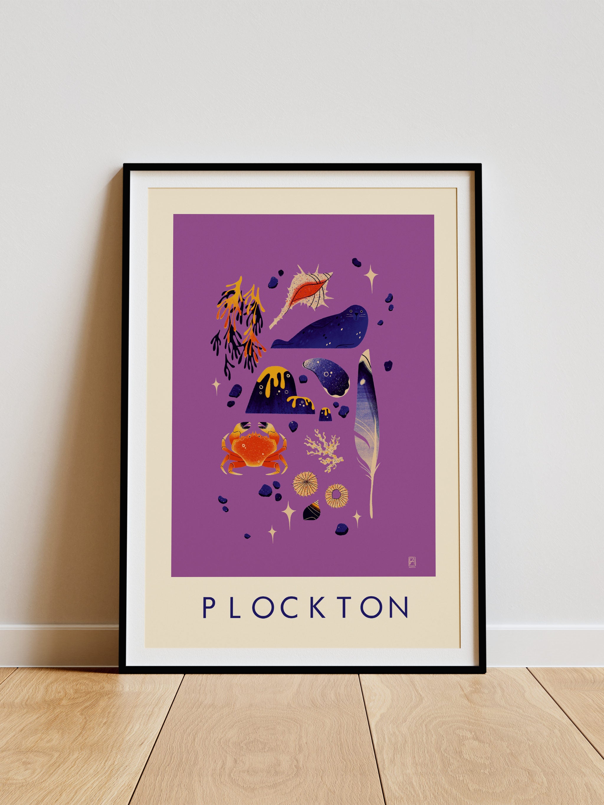 Plockton print -- Framed artwork with colorful illustrations and 'Plockton' text on a purple background.