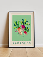 Radishes print -- framed artwork of colorful radishes on a green background.