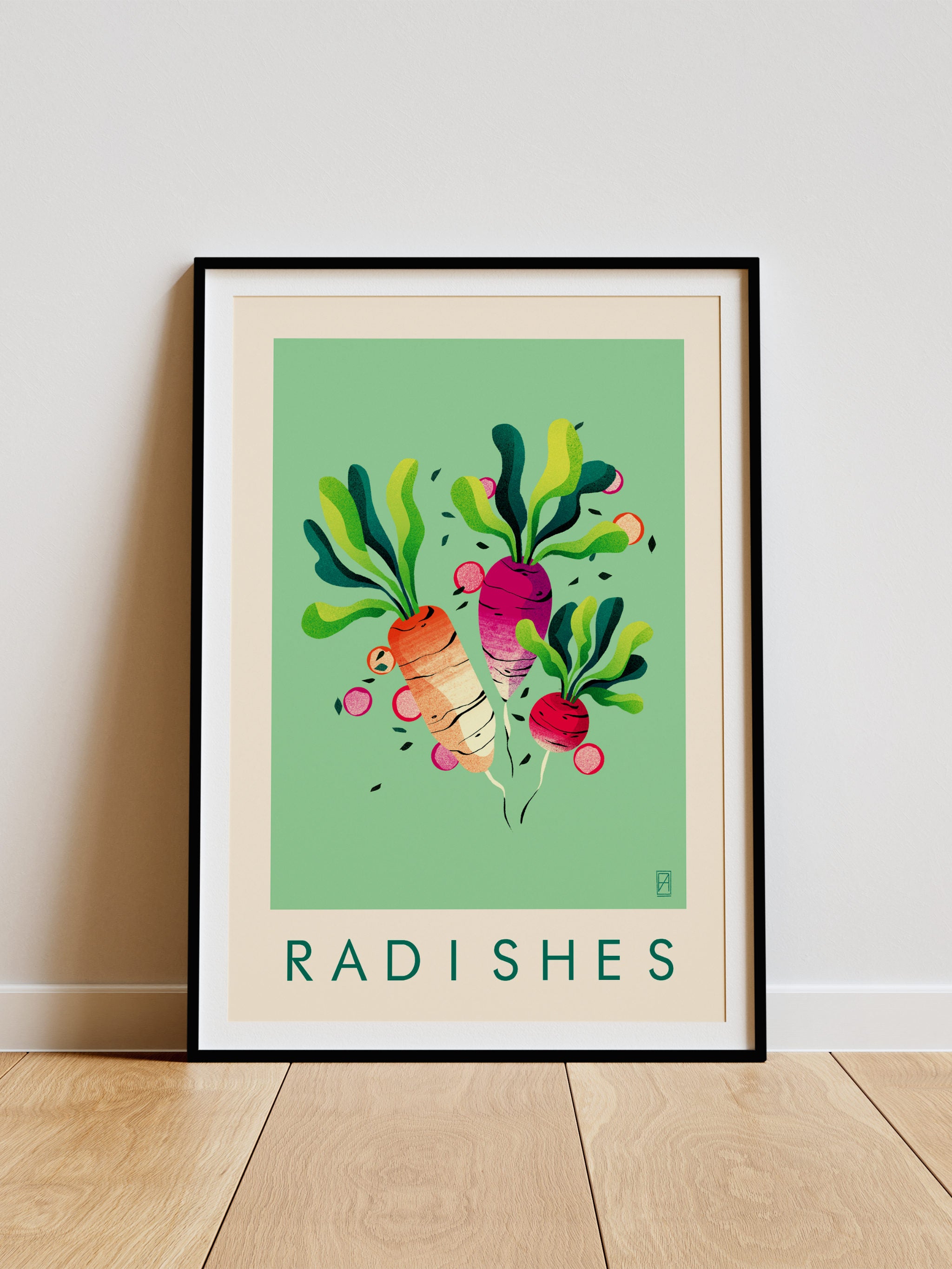 Radishes print -- framed artwork of colorful radishes on a green background.