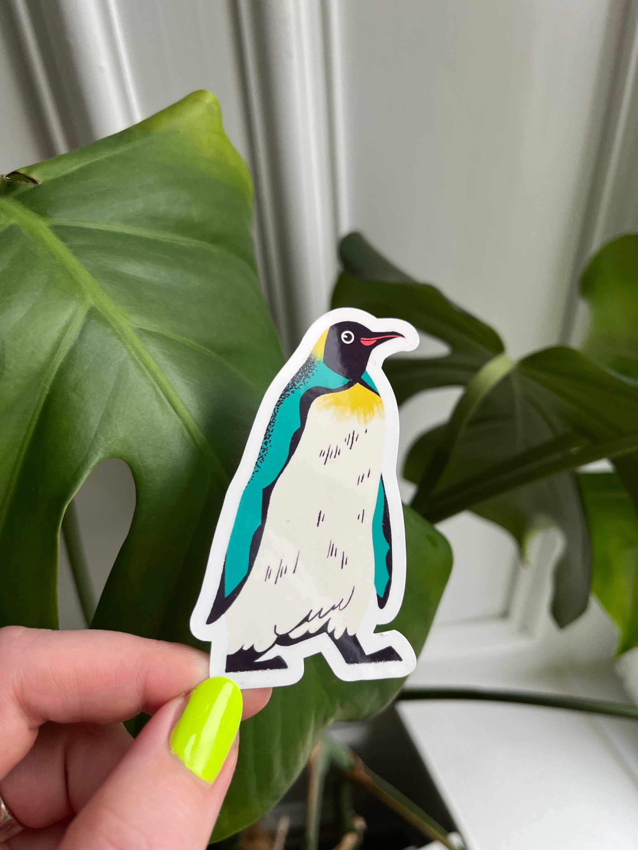 King Penguin sticker -- hand holding a penguin sticker with green leaves in the background.